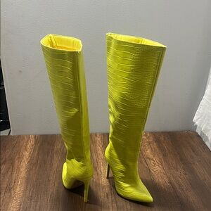 Bold Yellow Croc-Embossed Heeled Boots